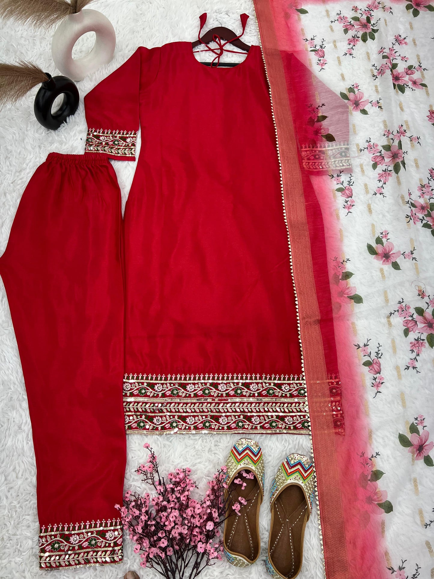 Charming Red Work Kurti Set With Organza Dupatta