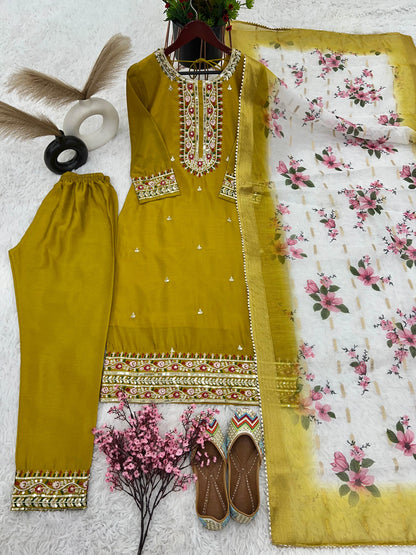 Charming Mustard Work Kurti Set With Organza Dupatta