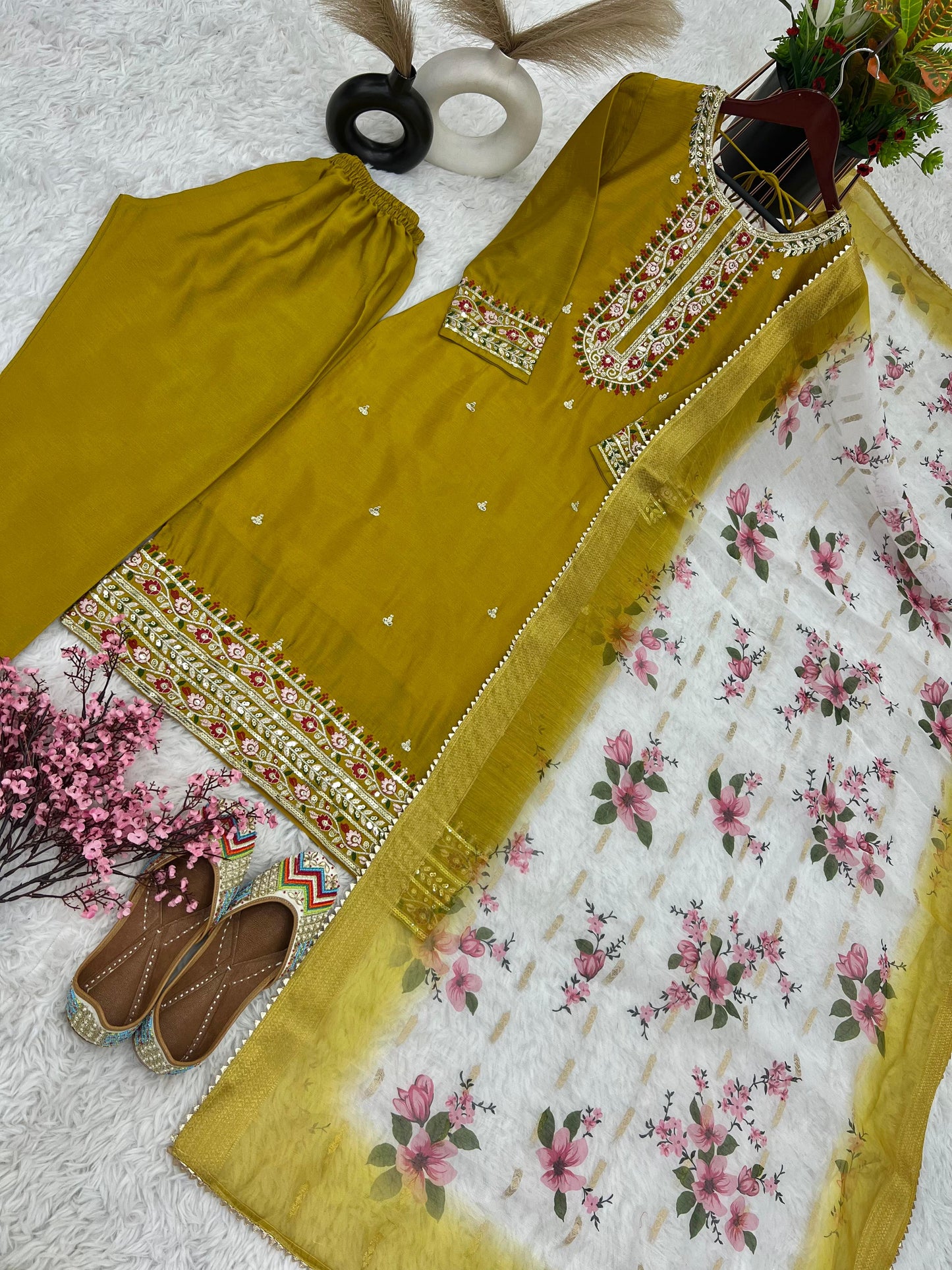 Charming Mustard Work Kurti Set With Organza Dupatta