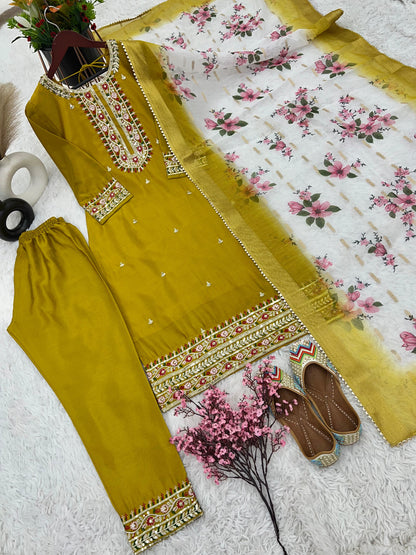 Charming Mustard Work Kurti Set With Organza Dupatta