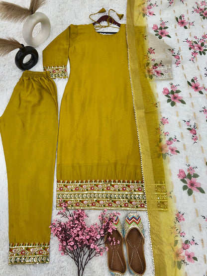 Charming Mustard Work Kurti Set With Organza Dupatta