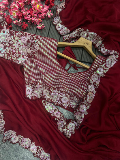 Red Color Lace Border Saree With Heavy Work Blouse