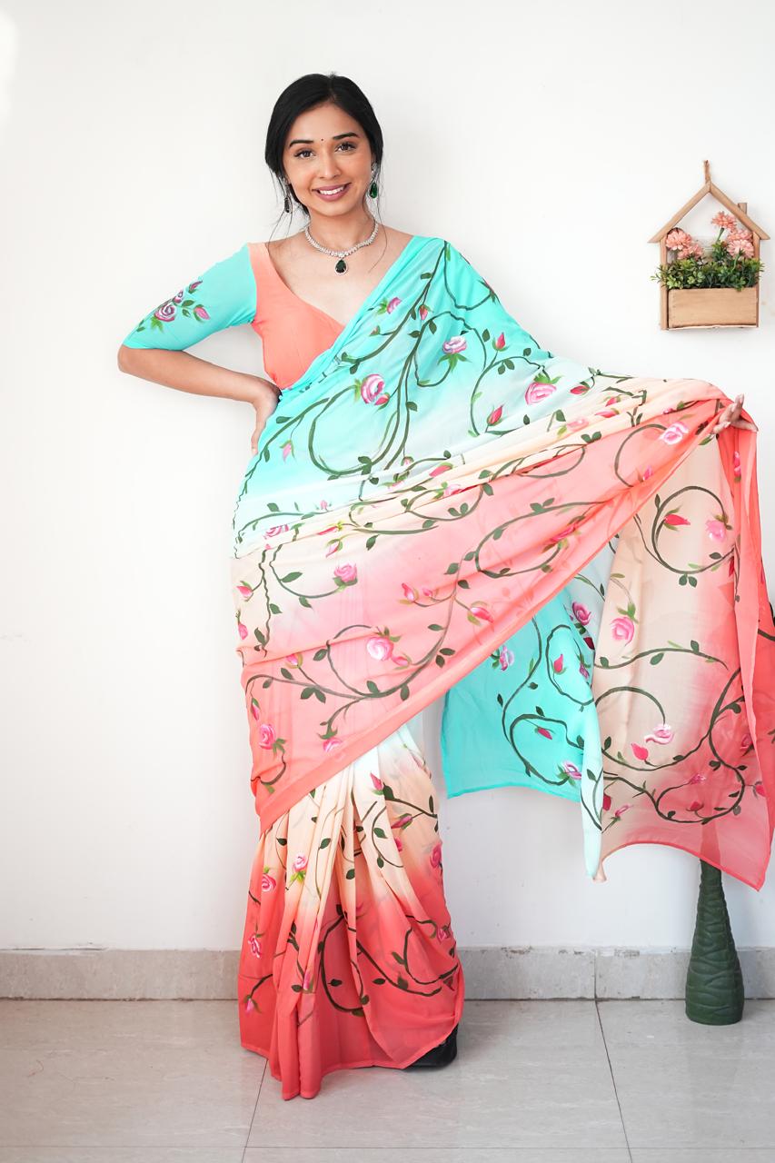 Beautiful Digital Print Multi Color Ready To Wear Saree