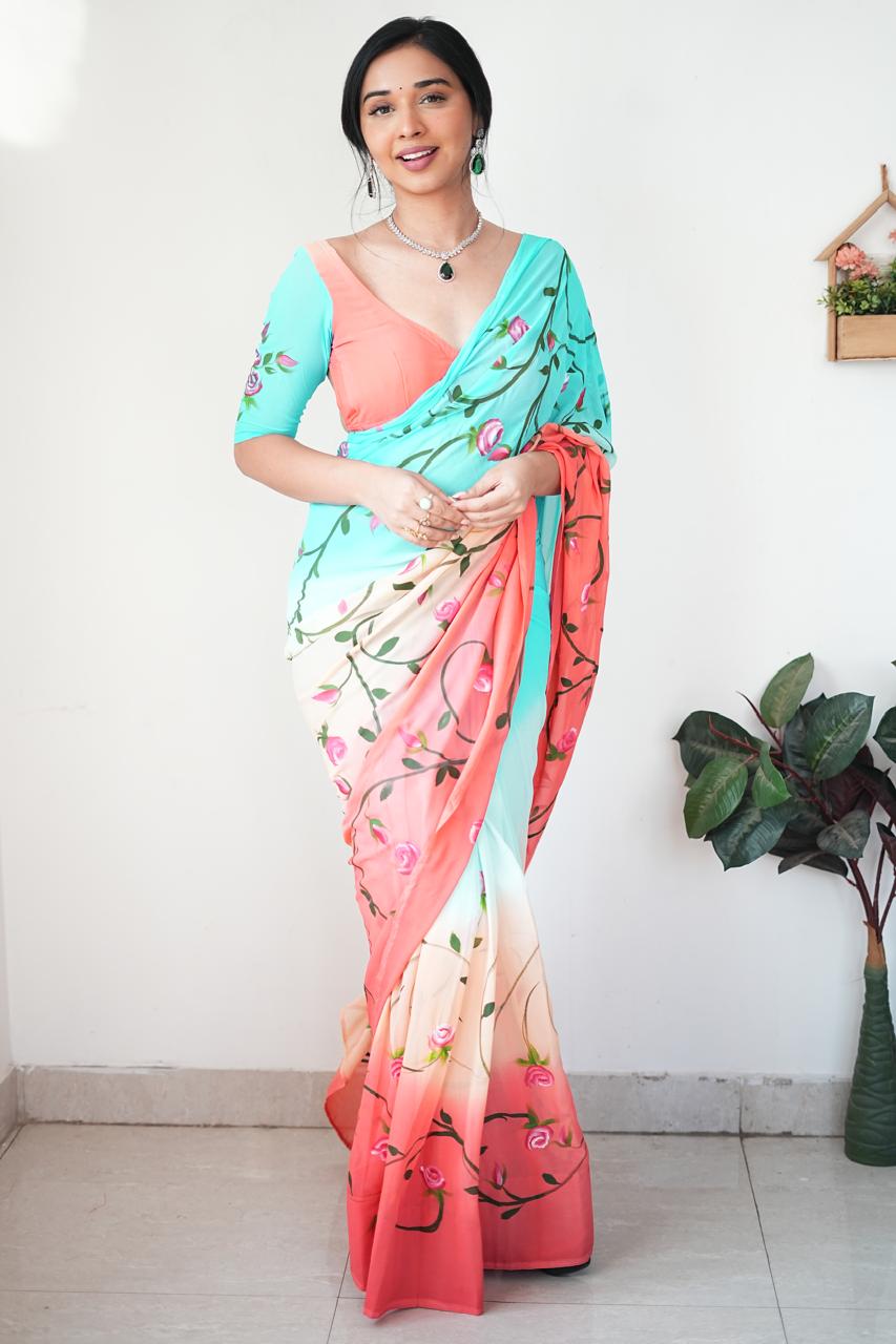 Beautiful Digital Print Multi Color Ready To Wear Saree