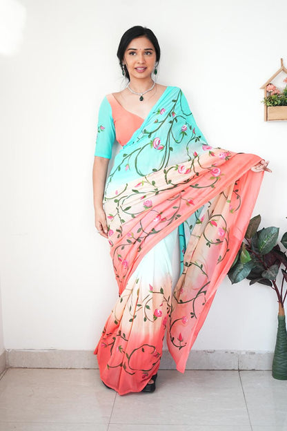 Beautiful Digital Print Multi Color Ready To Wear Saree