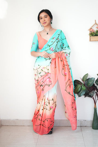 Beautiful Digital Print Multi Color Ready To Wear Saree