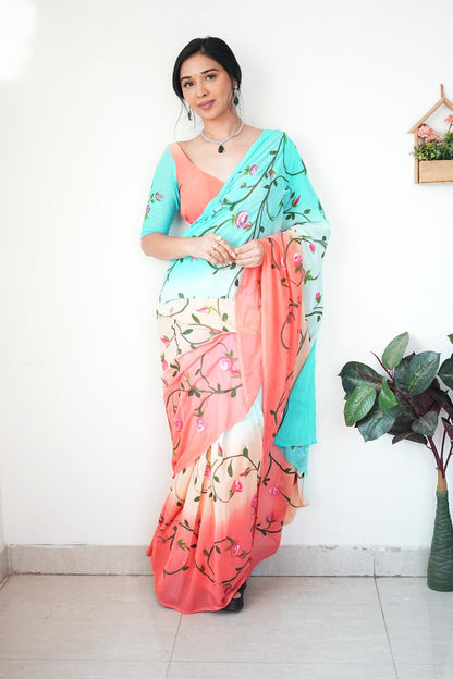 Beautiful Digital Print Multi Color Ready To Wear Saree