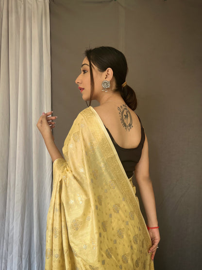 Gold And Silver Design Rich Pallu Yellow Saree