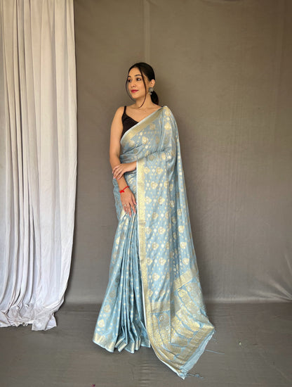 Gold And Silver Design Rich Pallu Aqua Blue Saree