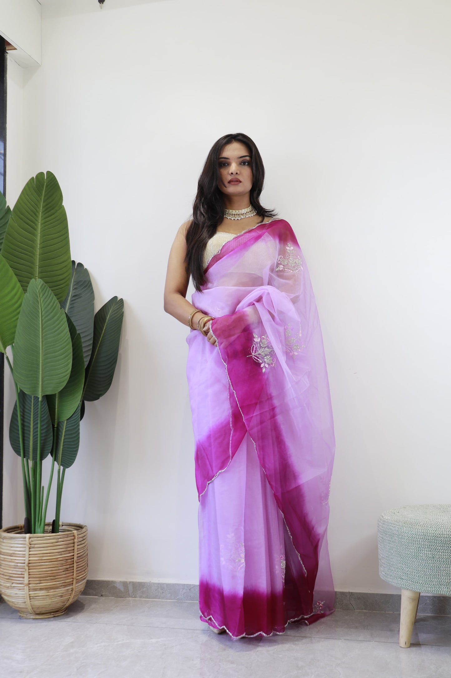 Organza Silk Wine Color Butta Work Saree