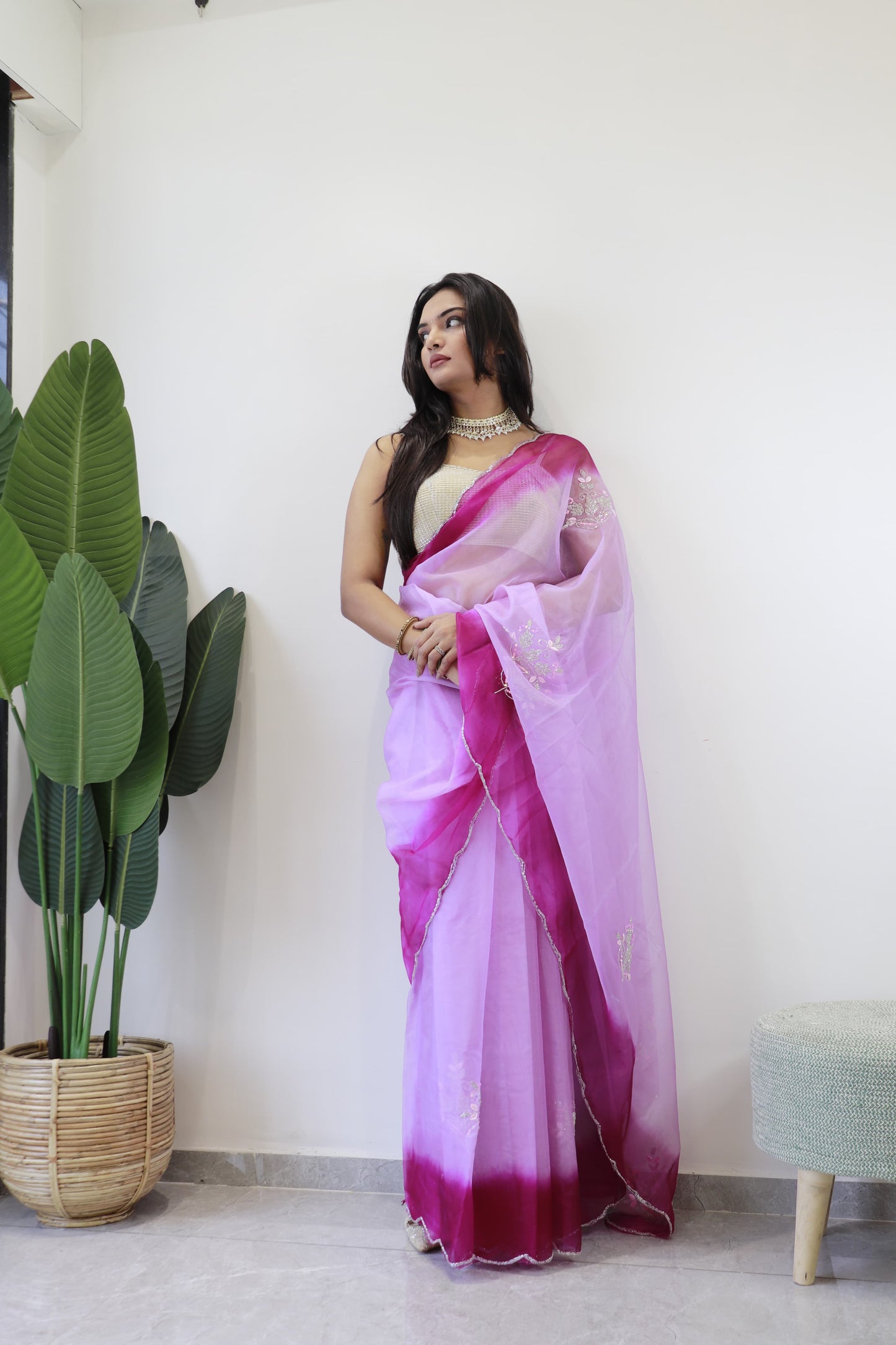 Organza Silk Wine Color Butta Work Saree