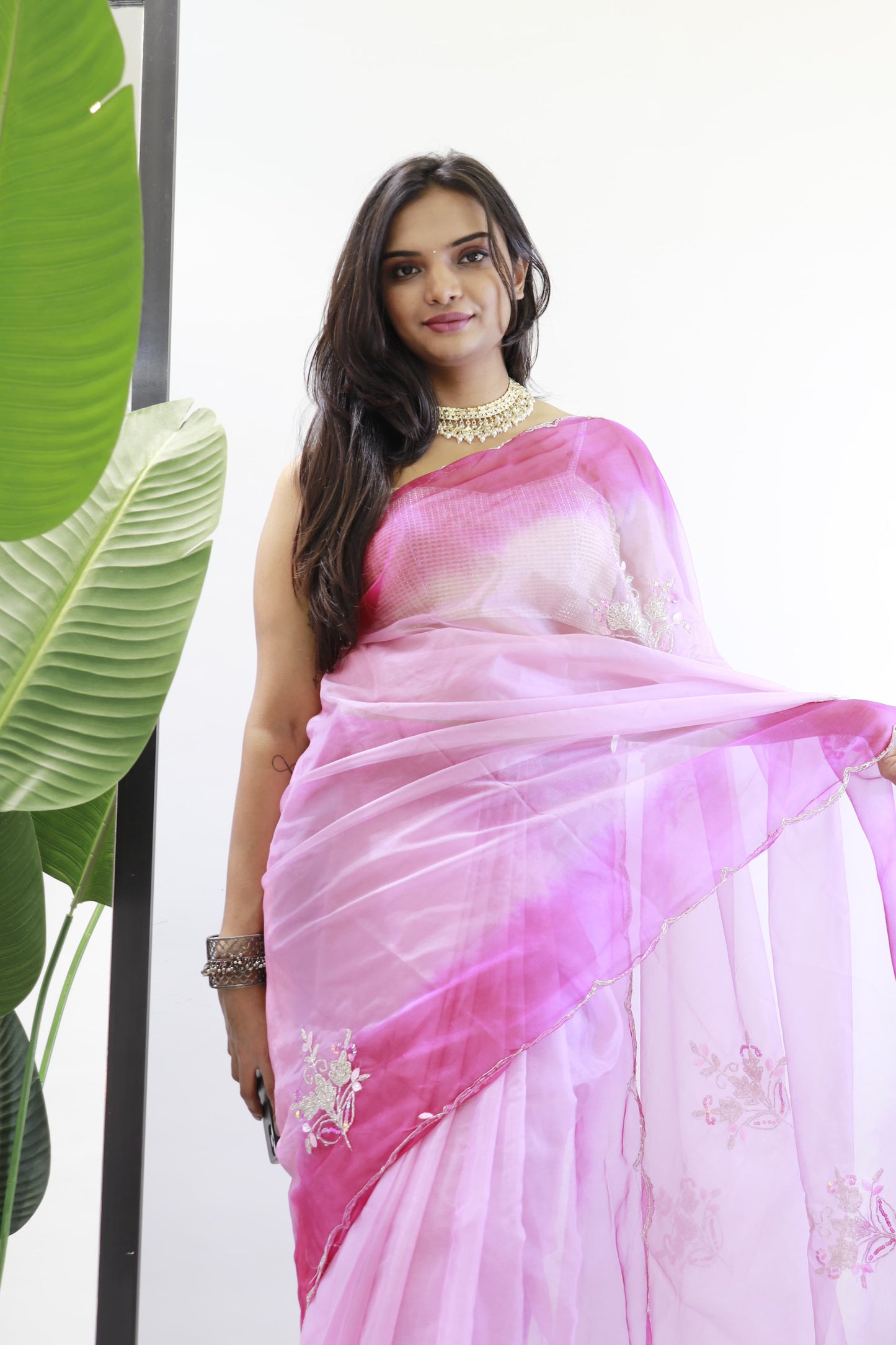 Organza Silk Pink Color Butta Work Saree