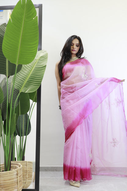 Organza Silk Pink Color Butta Work Saree