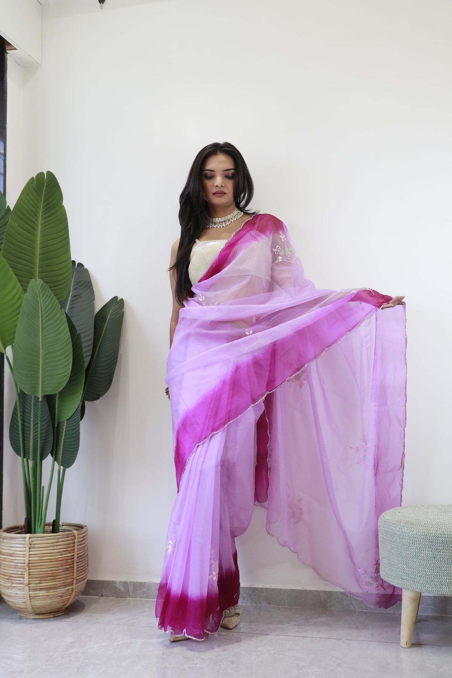 Organza Silk Wine Color Butta Work Saree