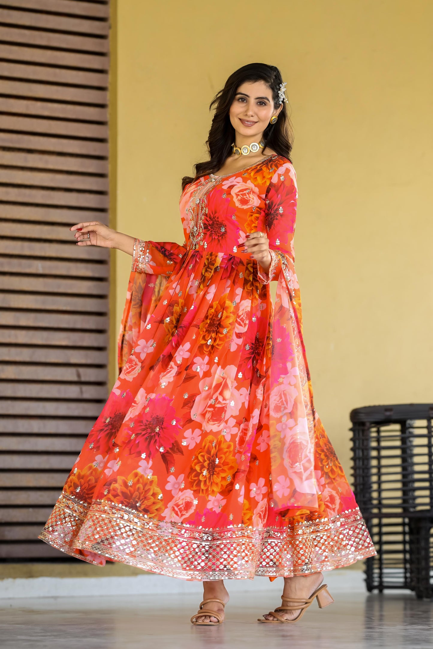 Function Wear Flower Print Red Color Anarkali Suit