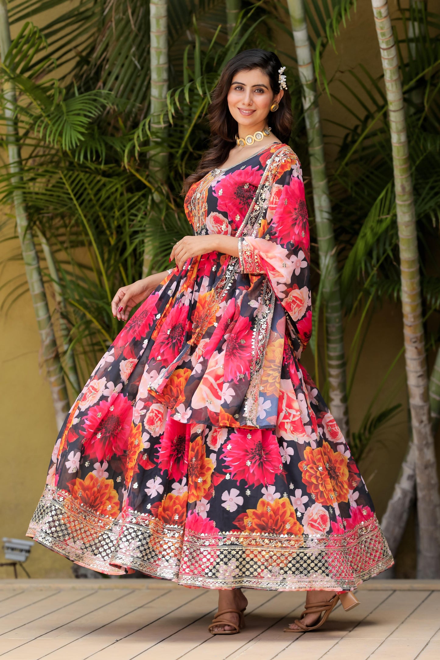 Function Wear Flower Print Multi Color Anarkali Suit