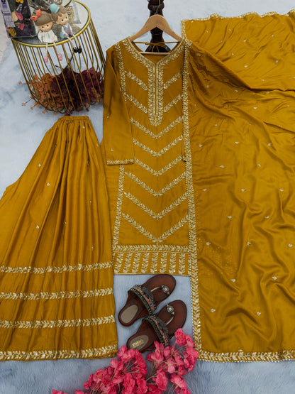 Haldi Wear Mustard Color Sequence Work Sharara Suit