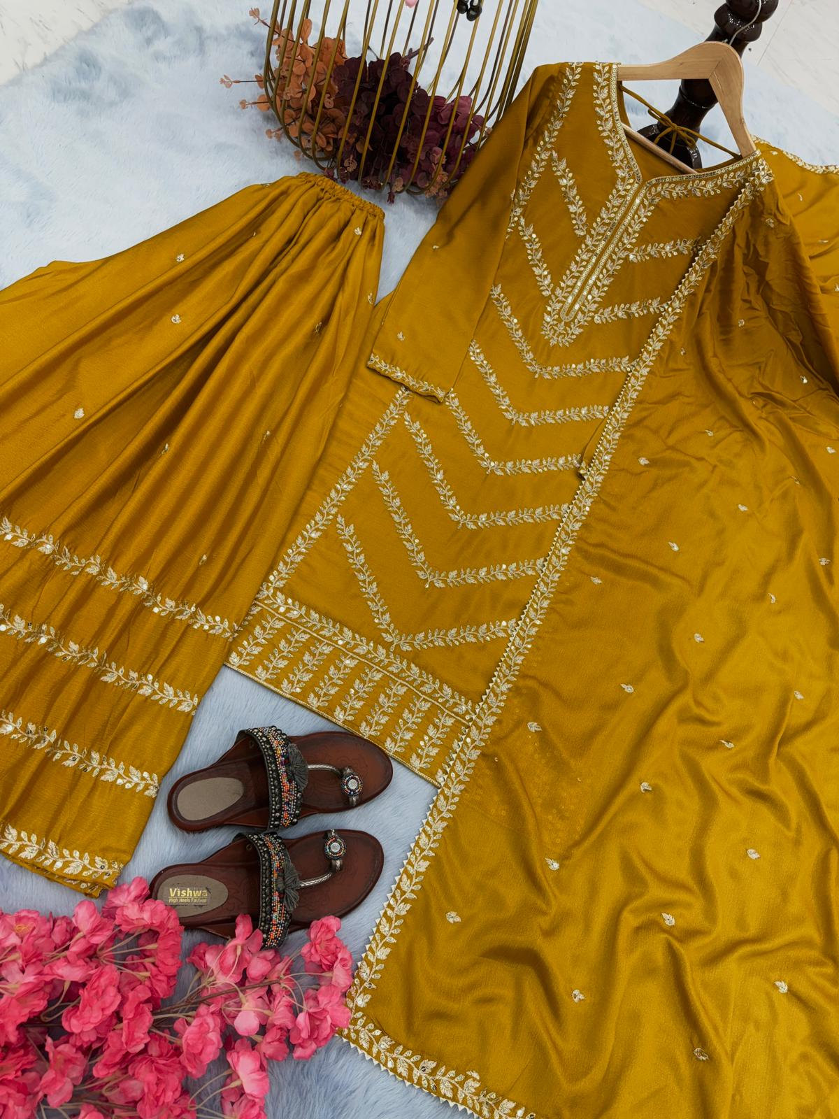 Haldi Wear Mustard Color Sequence Work Sharara Suit