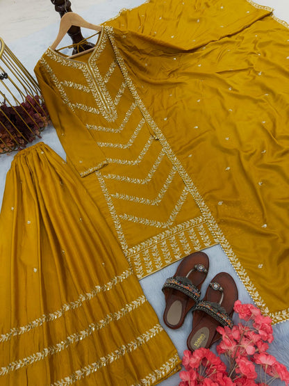 Haldi Wear Mustard Color Sequence Work Sharara Suit