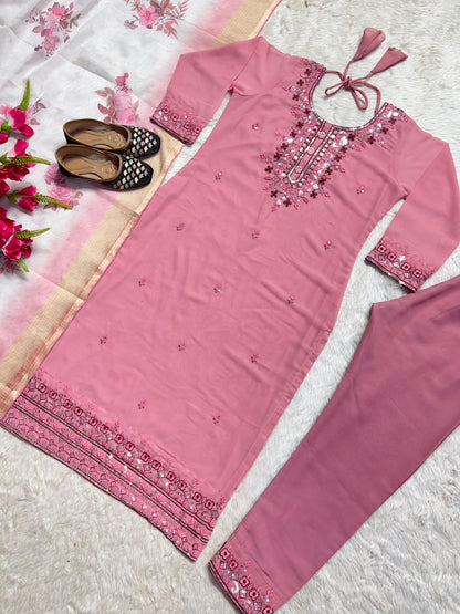 Festive Wear Dusty Pink Color Fancy Work Kurti Set