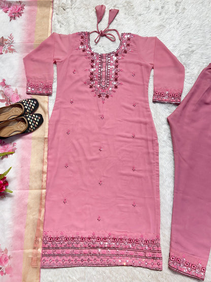 Festive Wear Dusty Pink Color Fancy Work Kurti Set