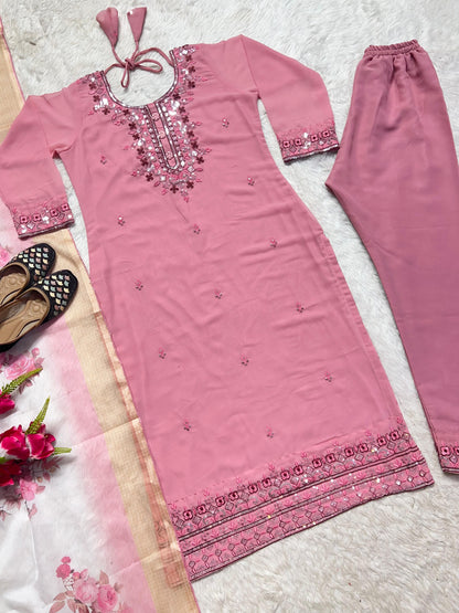 Festive Wear Dusty Pink Color Fancy Work Kurti Set