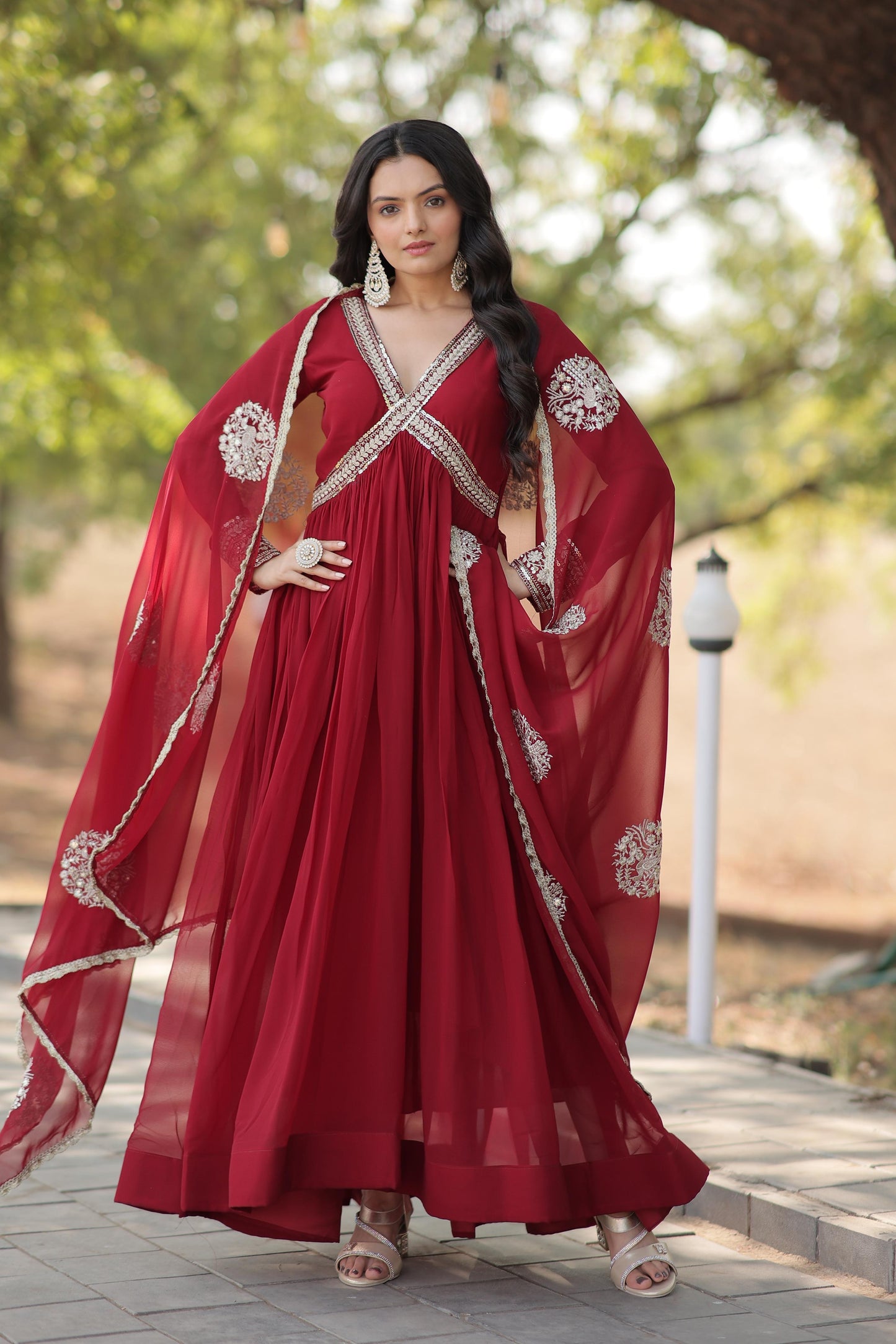 Presenting Alia Cut Maroon Color Gown With Dupatta