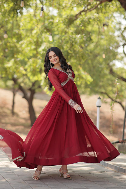 Presenting Alia Cut Maroon Color Gown With Dupatta