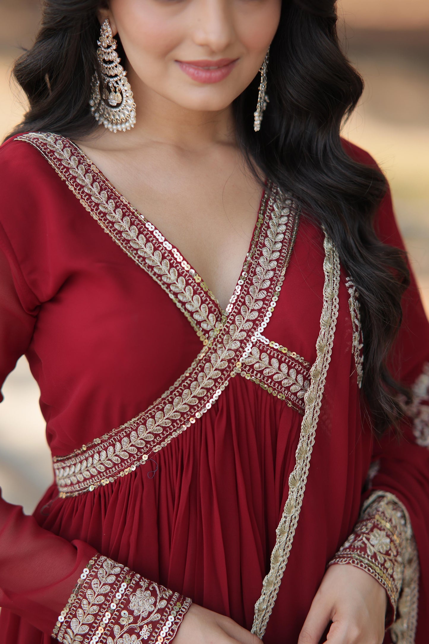 Presenting Alia Cut Maroon Color Gown With Dupatta