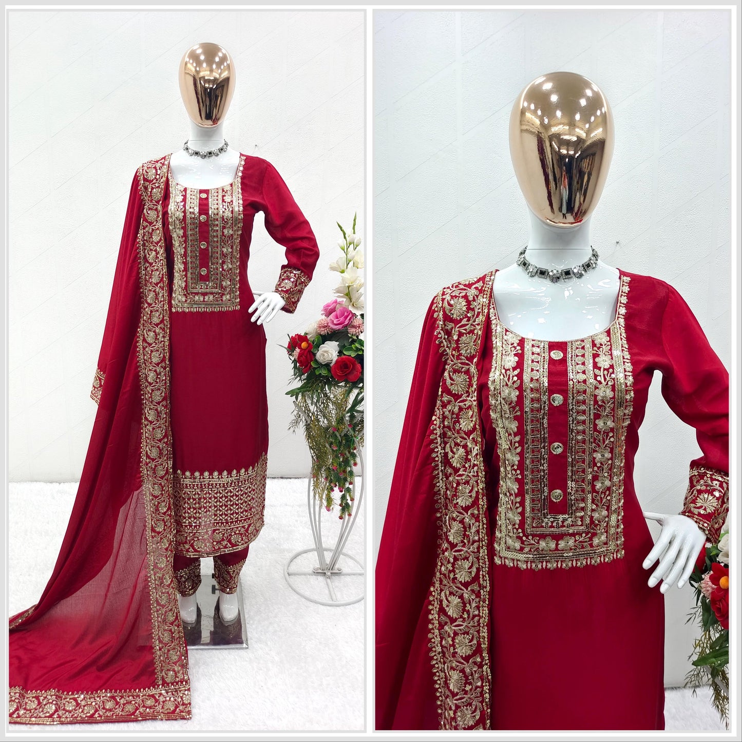 Precious Red Color Sequence Work Kurti Pant With Dupatta