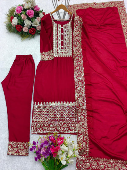 Precious Red Color Sequence Work Kurti Pant With Dupatta