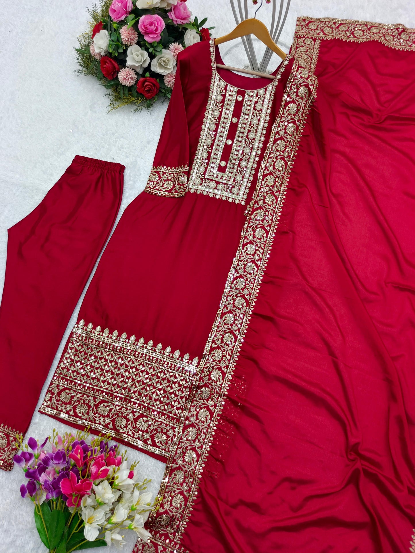 Precious Red Color Sequence Work Kurti Pant With Dupatta