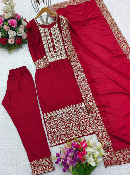 Precious Red Color Sequence Work Kurti Pant With Dupatta