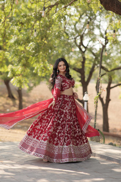 Embellished Maroon Color Heavy Embroidered Sequins Work Lehenga Choli