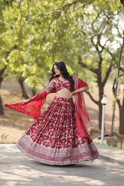 Embellished Maroon Color Heavy Embroidered Sequins Work Lehenga Choli