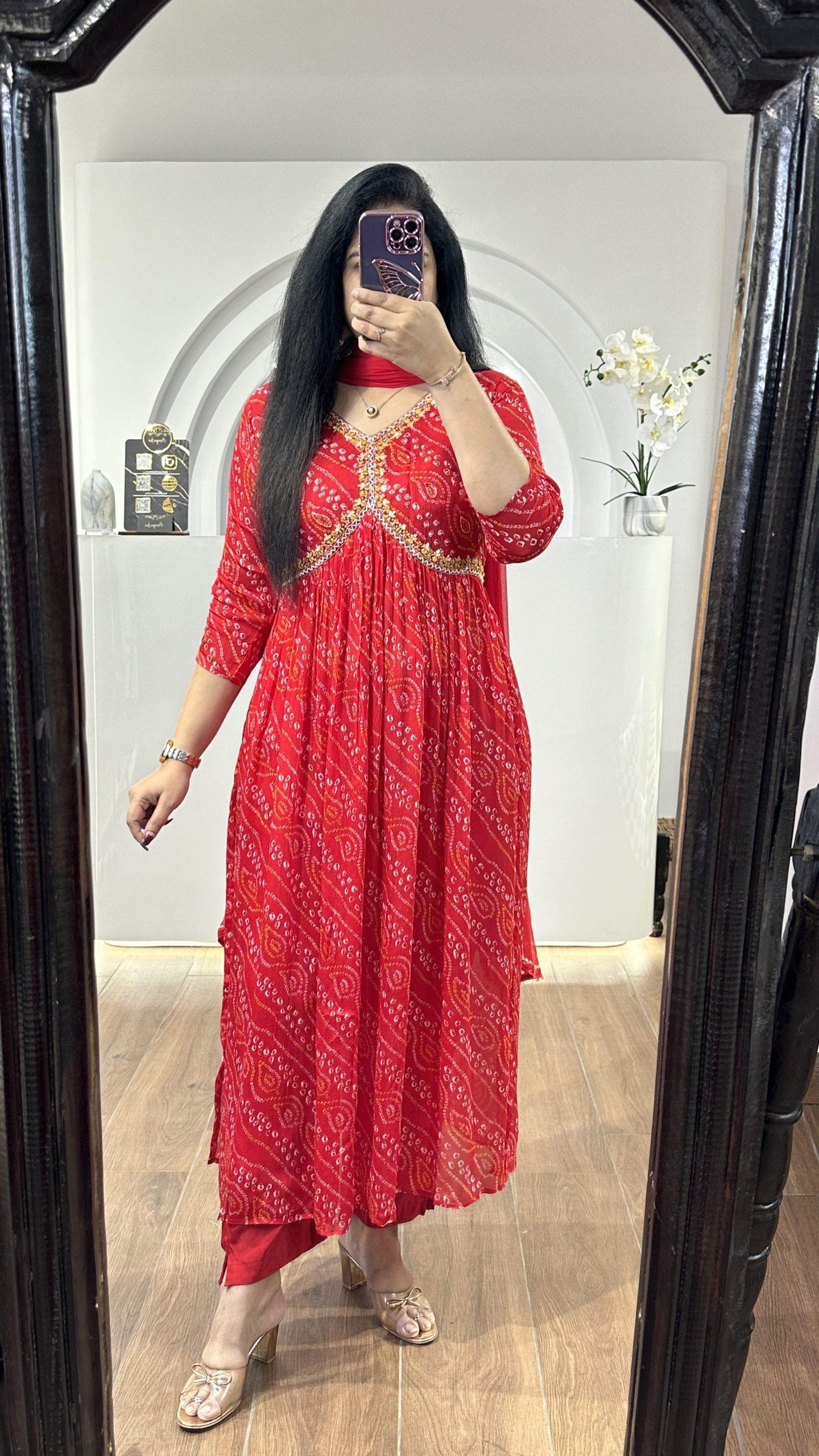 Imposing Bandhani Print Red Color Fancy Anarkali Suit