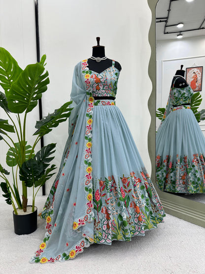 Multi Thread Work Sky Blue Organza Lehenga Choli