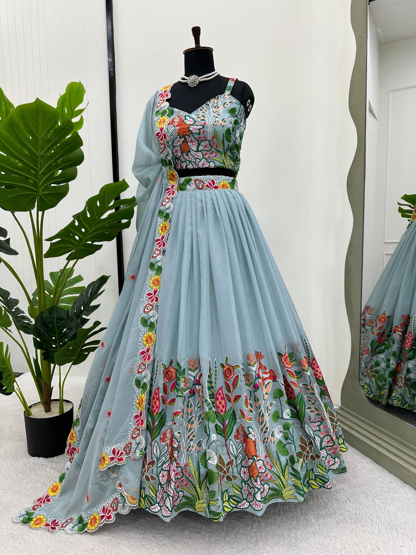 Multi Thread Work Sky Blue Organza Lehenga Choli