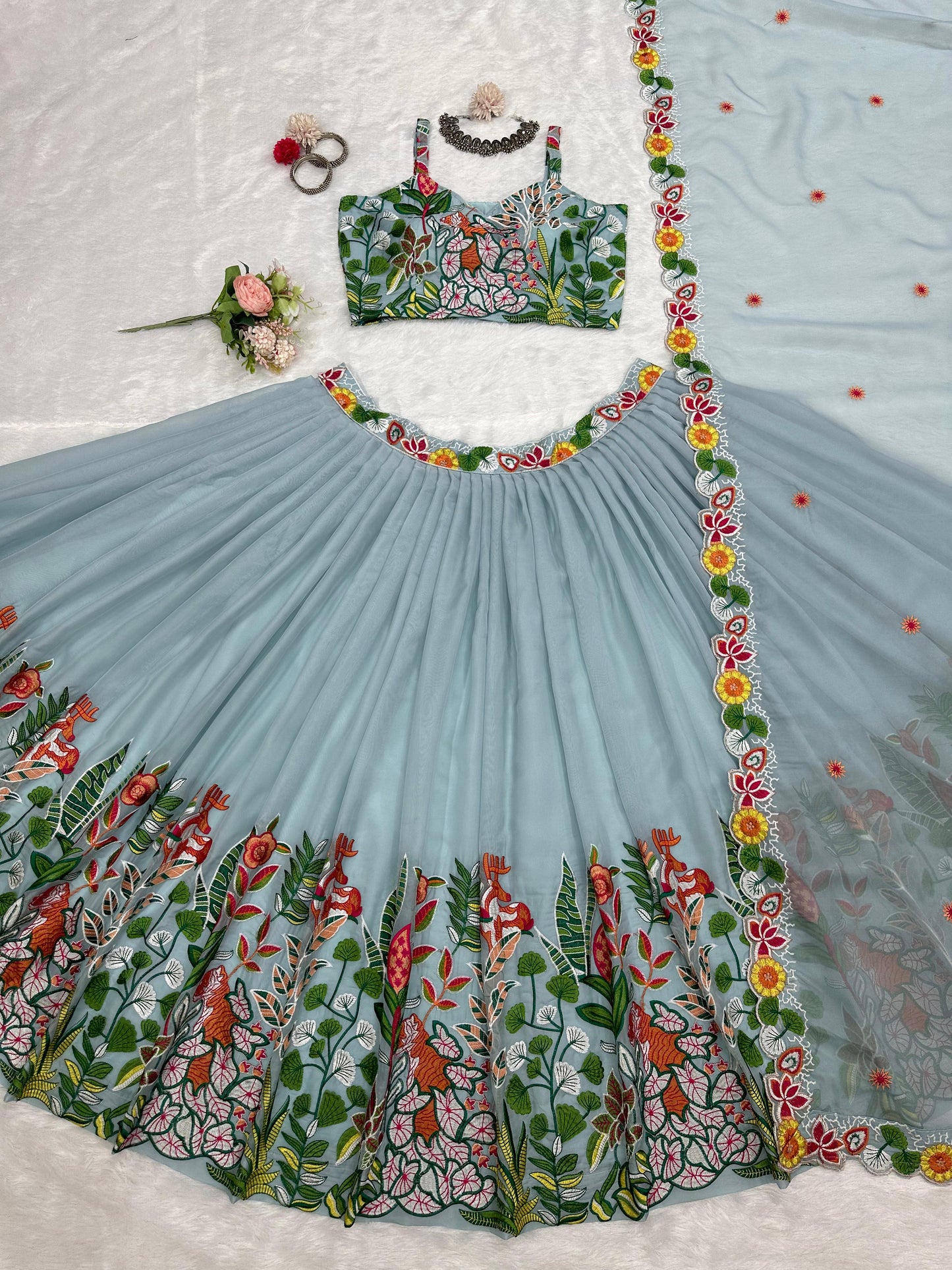 Multi Thread Work Sky Blue Organza Lehenga Choli