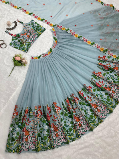 Multi Thread Work Sky Blue Organza Lehenga Choli