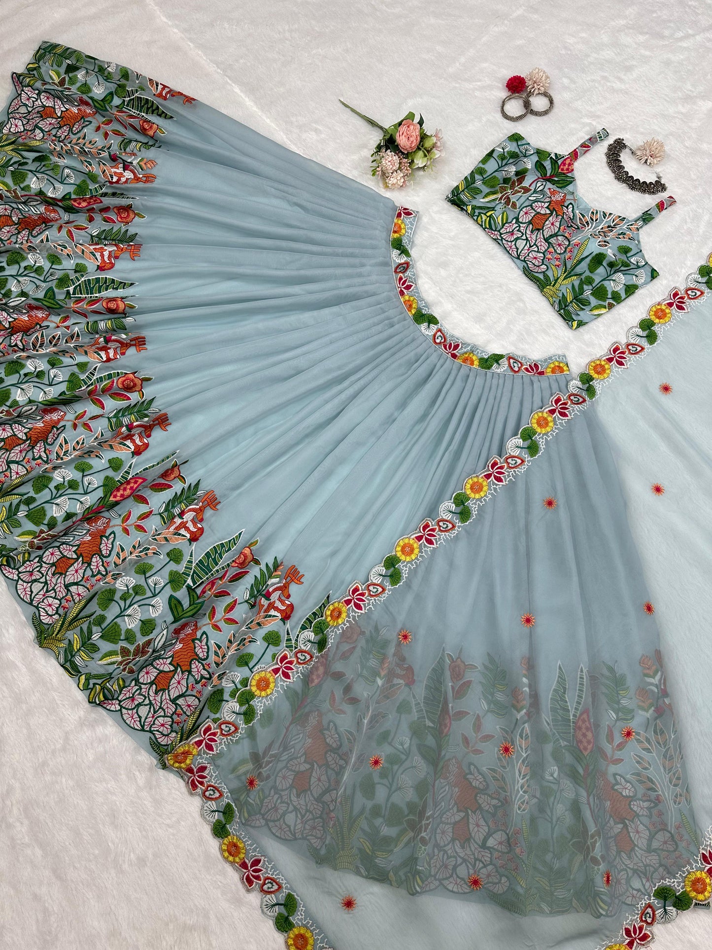 Multi Thread Work Sky Blue Organza Lehenga Choli