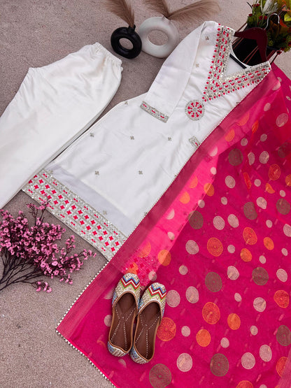 White Color Kurti Set With Jacquard Work Dupatta