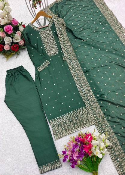 Fantastic Green Sequence Embroidery Work Salwar Suit