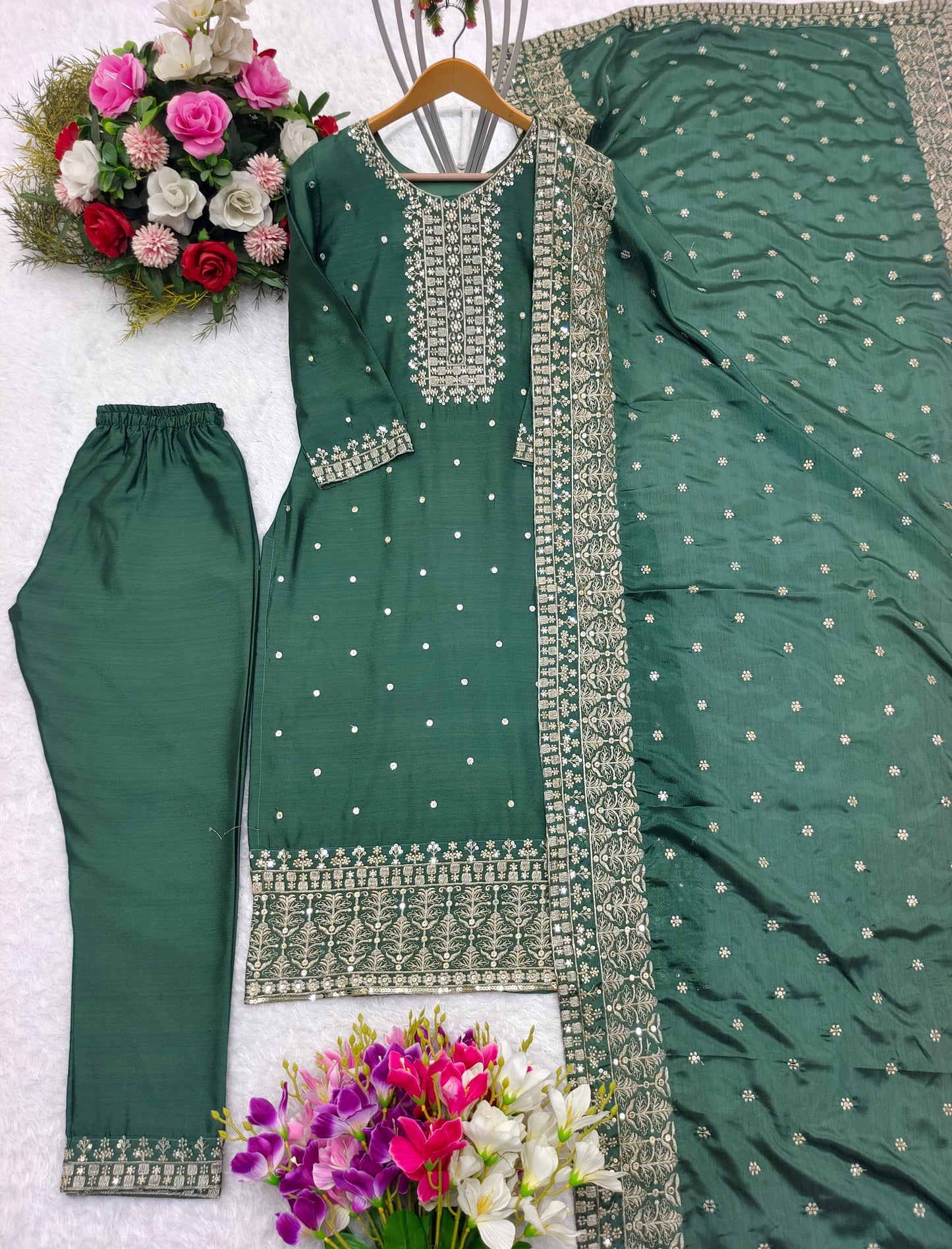 Fantastic Green Sequence Embroidery Work Salwar Suit