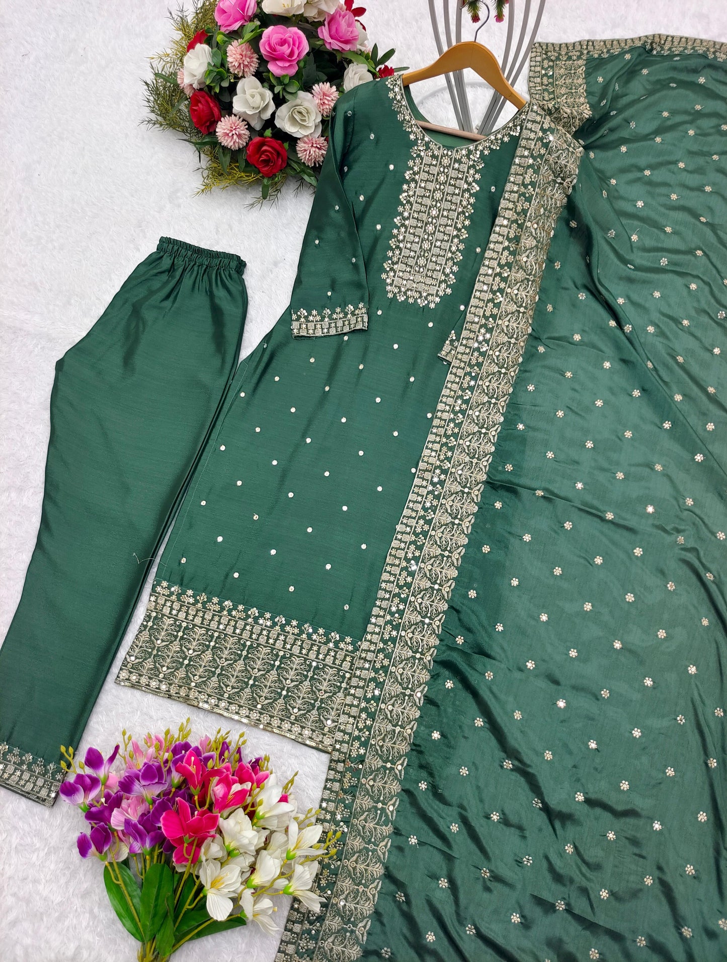 Fantastic Green Sequence Embroidery Work Salwar Suit