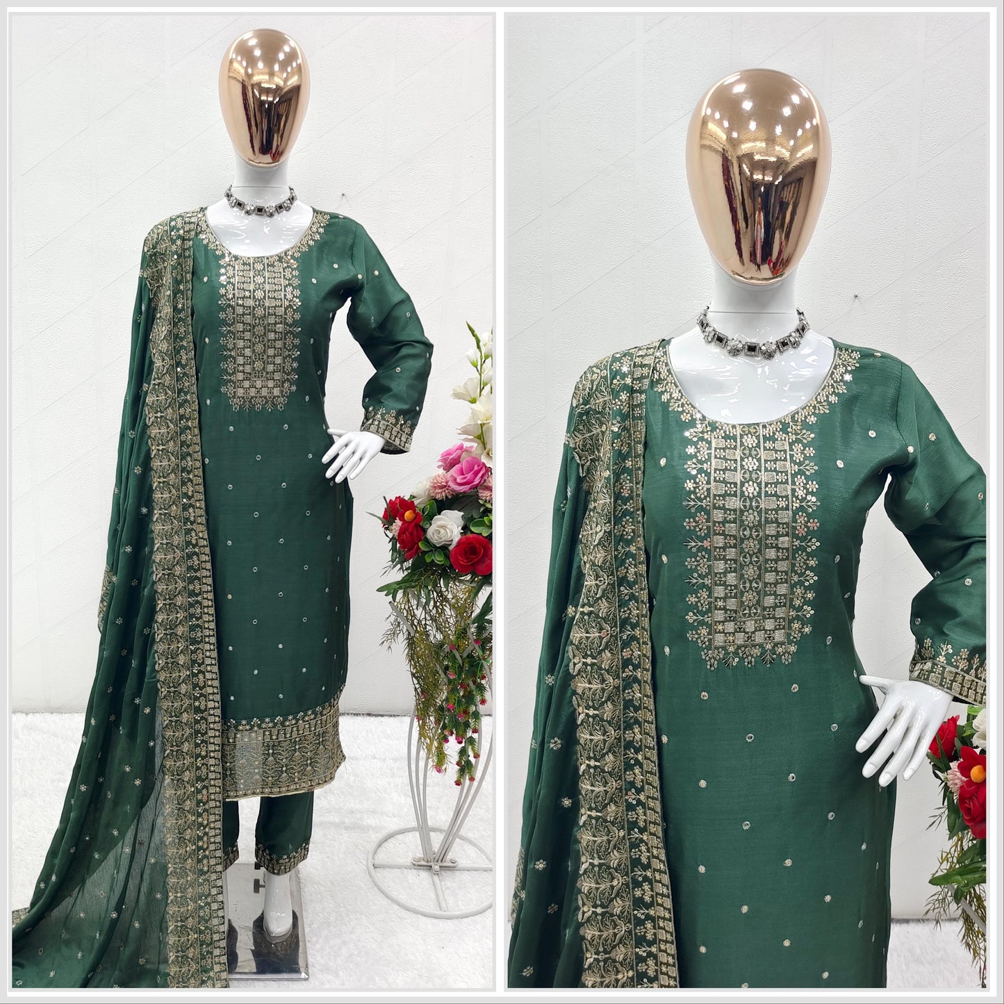 Fantastic Green Sequence Embroidery Work Salwar Suit