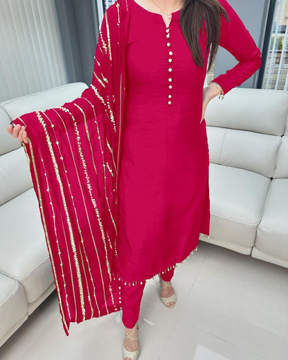 Fashionable Pink Color Kurti Pant With Work Dupatta