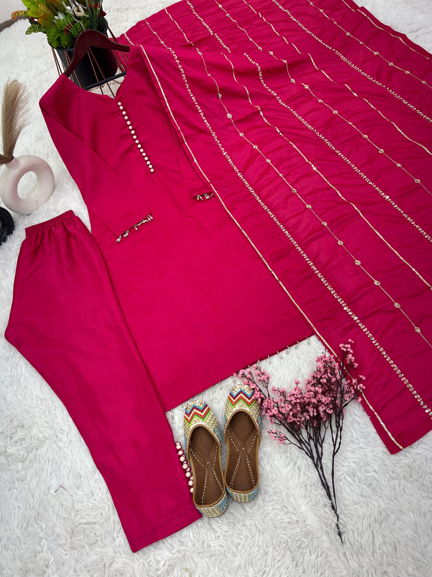 Fashionable Pink Color Kurti Pant With Work Dupatta