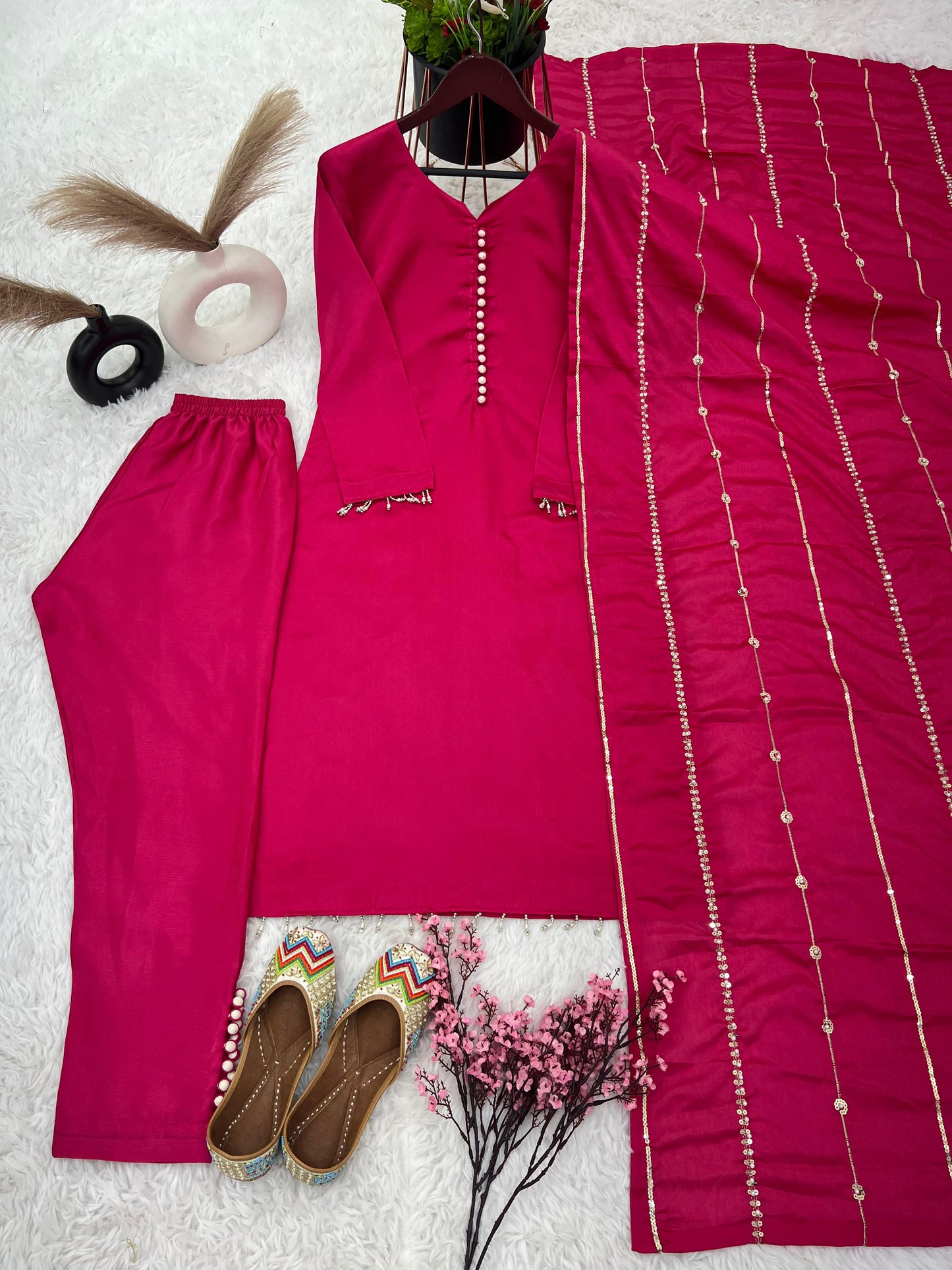 Fashionable Pink Color Kurti Pant With Work Dupatta