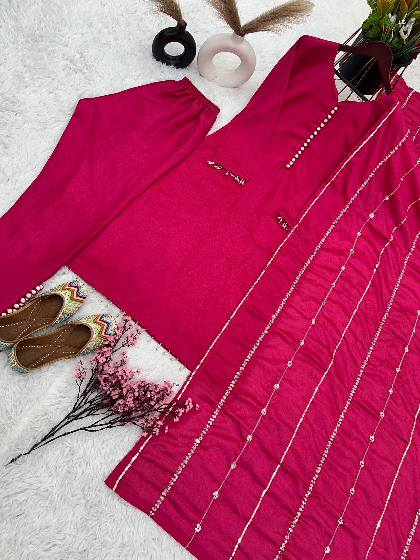 Fashionable Pink Color Kurti Pant With Work Dupatta